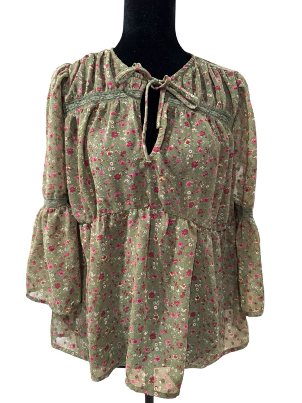 Lucky Brand - Women's Olive Green Floral Tie-Neck Peasant Blouse - Size S